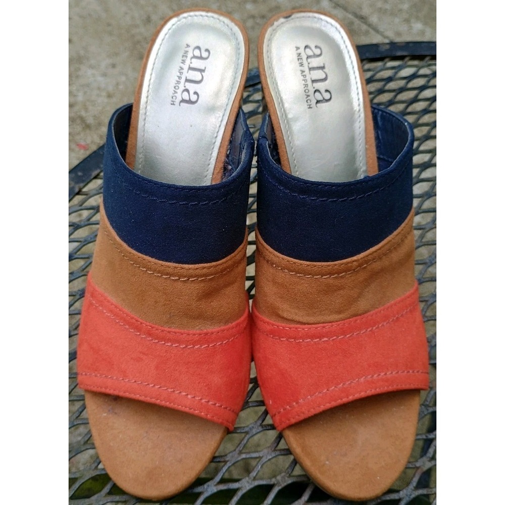 ANA Colorblock Suede Open Toe Roanoke Slide Chunky Heel Sandals Women's Sz 7 1/2